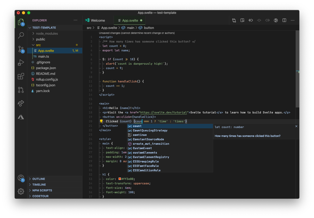 Screenshot of TypeScript in Svelte